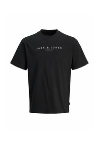 Juodas trumpomis rankovėmis marškinėliai su baltu tekstu "JACK & JONES PREMIUM", centrinėje dalyje ir apvalia iškirpte.