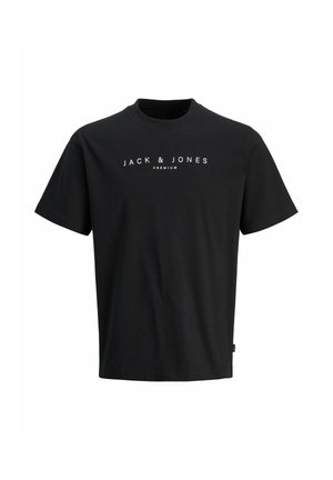 Sort T-shirt med korte ærmer og hvid "JACK & JONES PREMIUM" tekst centreret på fronten og rund halsudskæring.