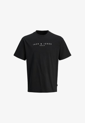 Sort T-shirt med korte ærmer og hvid "JACK & JONES PREMIUM" tekst centreret på fronten og rund halsudskæring.