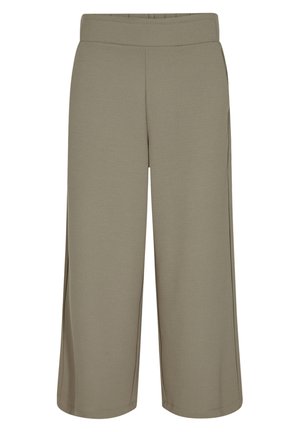 Pantalon large et court en vert olive doux avec une taille élastique et des poches latérales, conçu pour une tenue décontractée.