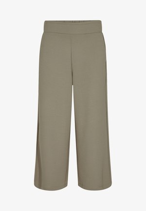 Wide-leg cropped pants in muted olive green with an elastic waistband and side pockets, designed for casual wear.