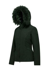 Zwarte hoodiejack met een nepbontafwerking, ritssluiting en ritszakken aan de zijkanten. Slanker, zacht materiaal met een getailleerd ontwerp.