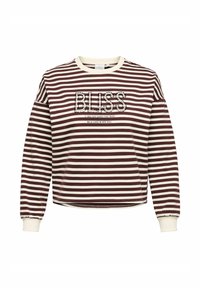 Svītrains džemperis burgundu un krēmkrāsā, ar apaļu kaklu, garām piedurknēm un uzdrukātu "BLISS" grafiku ar rotājumiem priekšā.