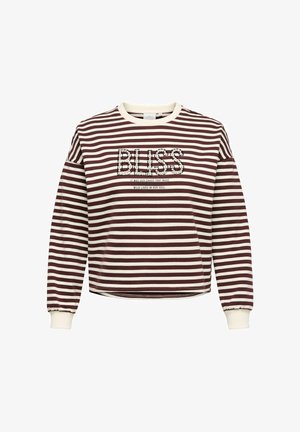 Bordeaux- og cremefarvet stribet sweatshirt med rund hals, lange ærmer og en "BLISS" grafik med pynt på fronten.