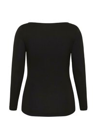 Crna, dug sleeve uska majica s izrezom u obliku čamca prikazana straga na bijeloj pozadini.