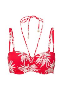 Parte superior de bikini roja con estampado blanco de hojas de palma, soporte con aros, tiras ajustables de cuello halter y detalle de costuras en contraste.