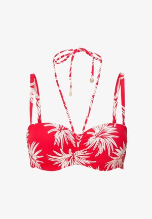 Punainen bikinitoppi, jossa valkoinen palmulehtikuvio, toppauksellinen tuki, säädettävät halterneck-nauhat ja kontrastitikkaukset.