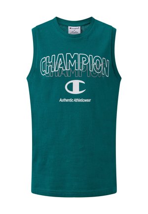 Maglietta sportiva senza maniche color verde acqua con testo "CHAMPION", logo Champion e scritta "Authentic Athleticwear" stampati sul davanti.