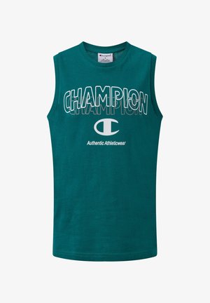 Maglietta sportiva senza maniche color verde acqua con testo "CHAMPION", logo Champion e scritta "Authentic Athleticwear" stampati sul davanti.