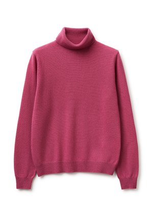 Różowy sweter z długim rękawem i golfem, z dzianinowymi mankietami i ściągaczem, ułożony na płasko na białym tle.