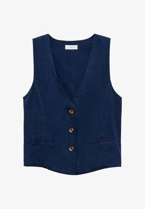 Marineblå vest med dyb V-udskæring, fem træknapper, to forlommer og tætsiddende design. Fremstillet af et blødt, tekstureret stof.