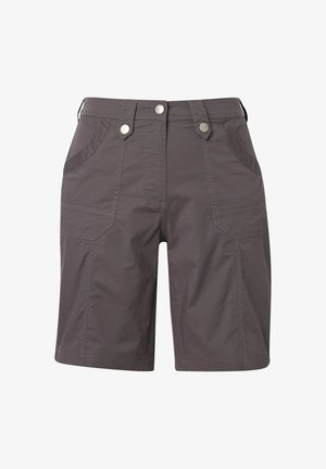 Grå shorts lavet af letvægtsstof, der har to frontlommer, to metalknapper i taljen og lige kant.