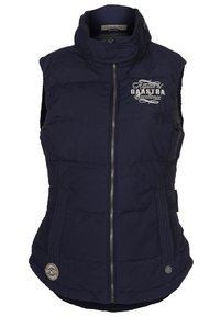 Granatowa pikowana kamizelka bez rękawów z wysokim kołnierzem, przednim zamkiem błyskawicznym i wyszywanym logo. Posiada boczne kieszenie na zamek oraz wzorzysty fakturę.