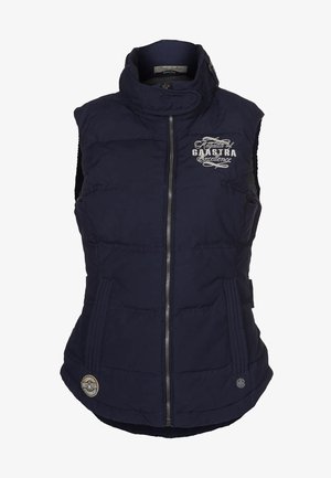 Marineblaue ärmellose Steppweste mit hohem Kragen, Frontreißverschluss und gesticktem Logo. Ausgestattet mit seitlichen Reißverschlusstaschen und gemustertem Muster.