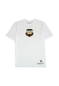 White cotton t-shirt featuring a black and gold "WWE Legends" logo on the chest and a small brand label in the lower right corner.