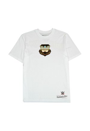 Weißes Baumwoll-T-Shirt mit einem schwarzen und goldenen "WWE Legends"-Logo auf der Brust und einem kleinen Markenetikett in der unteren rechten Ecke.