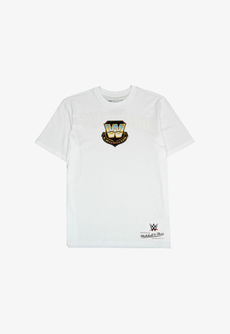 White cotton t-shirt featuring a black and gold "WWE Legends" logo on the chest and a small brand label in the lower right corner.