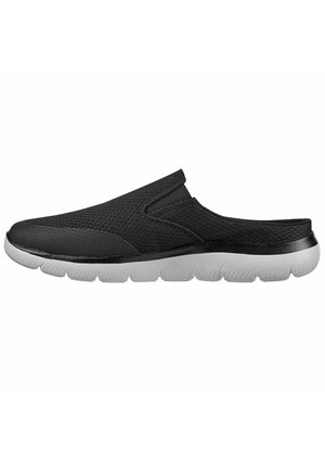 Black slip-on shoe with a mesh upper, smooth black accents, and a white, cushioned sole. Features a low-profile design for comfort.