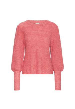 Rosa langærmet strikket sweater med ballonærmer og ribbede manchetter, med rund halsudskæring og taljeret pasform.