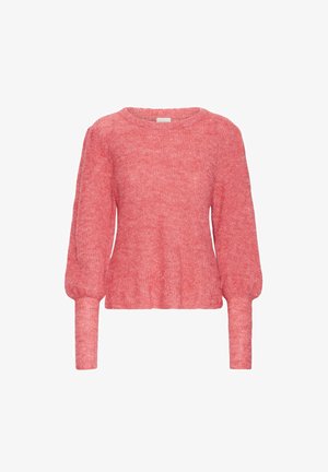 Rosa langærmet strikket sweater med ballonærmer og ribbede manchetter, med rund halsudskæring og taljeret pasform.