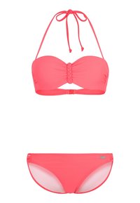 Korallenrotes Bikini-Set mit gepolstertem Bandeau-Oberteil, das über ein geflochtenes Zentrumsdetail und eine Bindeschleife am Hals verfügt, kombiniert mit klassischen Bikini-Hosen.