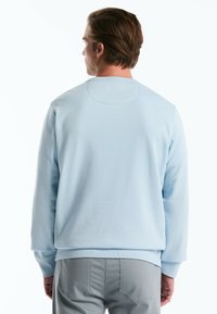 Lichtblauwe sweatshirts gemaakt van zachte stof, met een ronde hals, geribde manchetten en een relaxte pasvorm. Gladde textuur met minimale details.