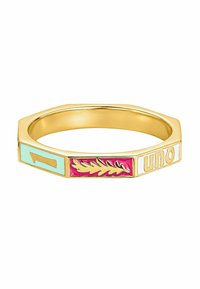 Anillo de metal dorado con forma octagonal, que presenta segmentos de esmalte de colores en menta, rosa y blanco, con detalles en relieve que incluyen un número y un diseño de hojas.