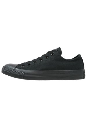 Baskets basses noires en toile avec semelle en caoutchouc noire, embout renforcé et œillets métalliques noirs pour les lacets, vues de l'extérieur.