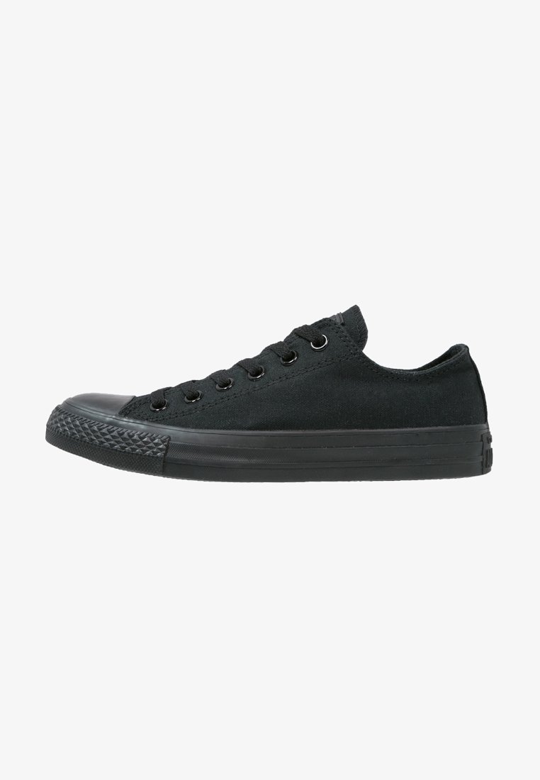 Baskets basses noires en toile avec semelle en caoutchouc noire, embout renforcé et œillets métalliques noirs pour les lacets, vues de l'extérieur.
