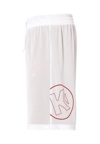 Shorts sportivi in rete bianca con cintura elastica e coulisse, con logo "KD" contornato di rosso sulla gamba inferiore.