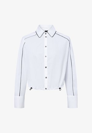 White cropped shirt with a pointed collar, black side piping, button front, and gathered hem. Long sleeves with button cuffs. Smooth fabric.