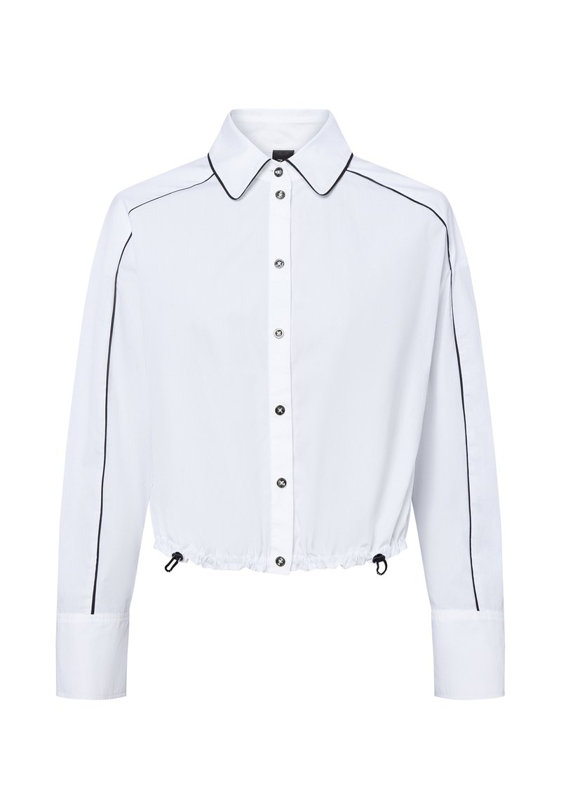 Weißes, kurzes Hemd mit spitzem Kragen, schwarzem Seitenpaspel, Knopfverschluss vorne und gerafftem Saum. Lange Ärmel mit Knopfmanschetten. Glattes Material.