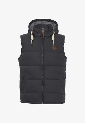 Tamsiai mėlyna be rankovių pūkinė liemenė su kapišonu, užtrauktuku priekyje, dviem šoninėmis kišenėmis ir odinėmis detalėmis. Siuvinėjimo raštas su stringais.