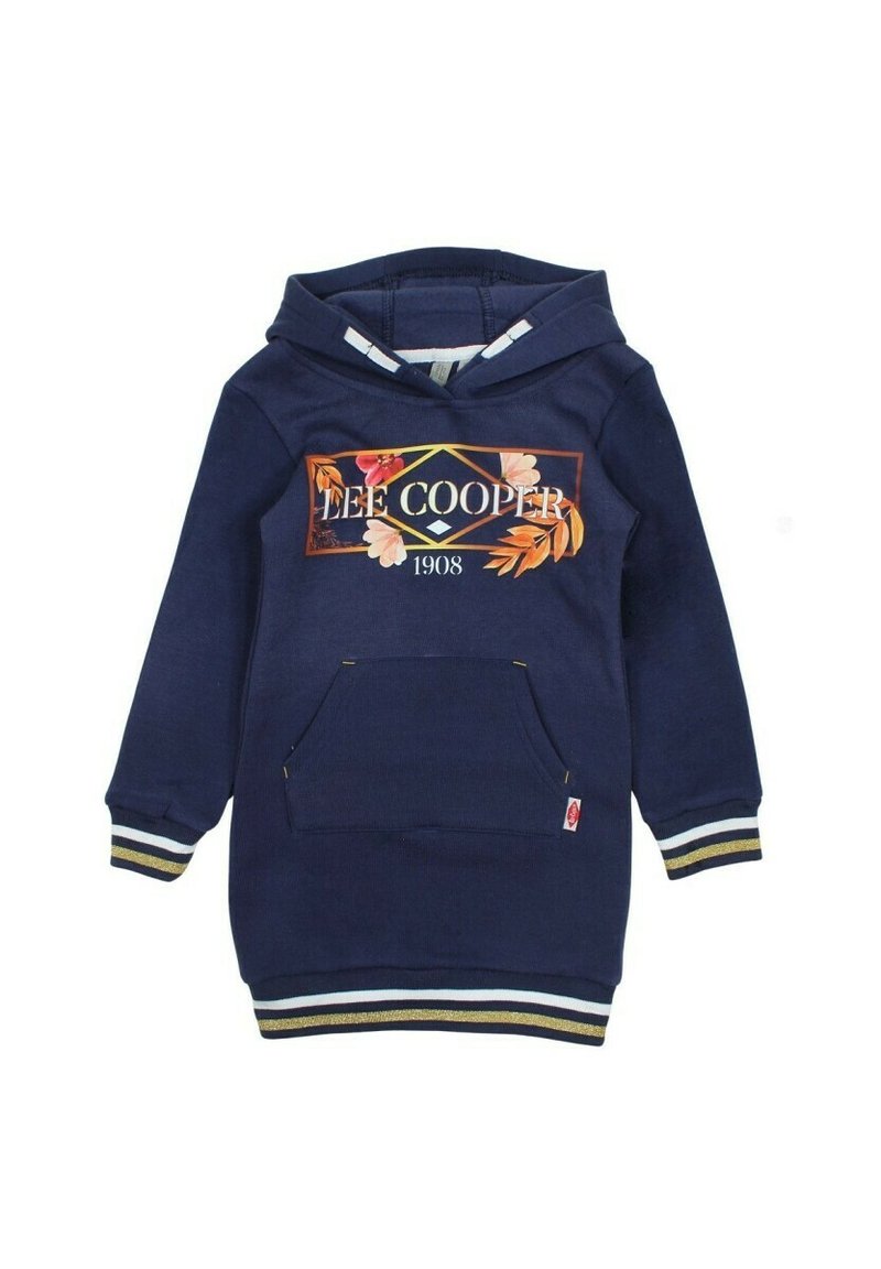Haut à capuche bleu marine avec une poche avant, imprimé floral, et logo "Lee Cooper 1908". Présente des poignets et un ourlet rayés en blanc, or et bleu clair.