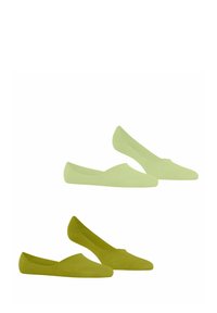 Groene flats met een gladde textielen bovenkant, puntige neusontwerp, lage zijkanten, een paar in lichtgroen en een in donkerder groen.