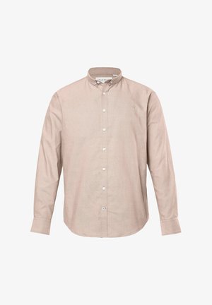 Beige langærmet skjorte med knapper lavet af et struktureret stof. Har en krave med knapper og et broderet logo på venstre bryst.