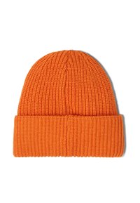 Oranžová pletená čepice s ribbovanou texturou a převráceným okrajem, vyznačující se jednobarevným provedením a bezseamovou korunou. Vhodná do chladného počasí.