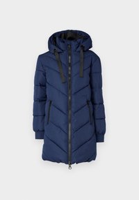 Granatowa ocieplana kurtka z kapturem, z przeszyciami w kształcie jodełki, pełnym zamkiem z przodu, dwoma bocznymi kieszeniami oraz czarnymi ściągaczami przy szyi.