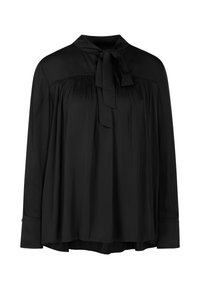 Schwarze Bluse mit Schleifenkragen, langen Ärmeln, gefaltetem Vorderteil und lockerer Passform. Aus glattem Stoff gefertigt, mit knöpfbaren Manschetten.