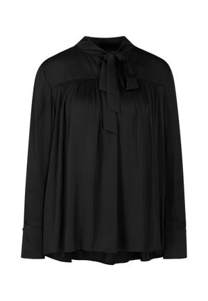 Schwarze Bluse mit Schleifenkragen, langen Ärmeln, gefaltetem Vorderteil und lockerer Passform. Aus glattem Stoff gefertigt, mit knöpfbaren Manschetten.