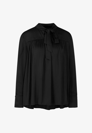 Black blouse with a tie neck, long sleeves, pleated front, and a loose fit. Made of smooth fabric, featuring buttoned cuffs.
