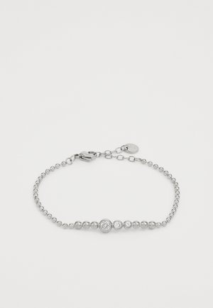 Bracciale in argento con catena di perline e anelli rotondi alternati, lisci e con gemme preziose, chiuso da un moschettone.