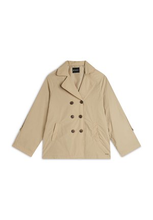 Giacca beige doppiopetto realizzata in materiale leggero, con colletto a revers, due tasche frontali e bottoni marroni accentati.