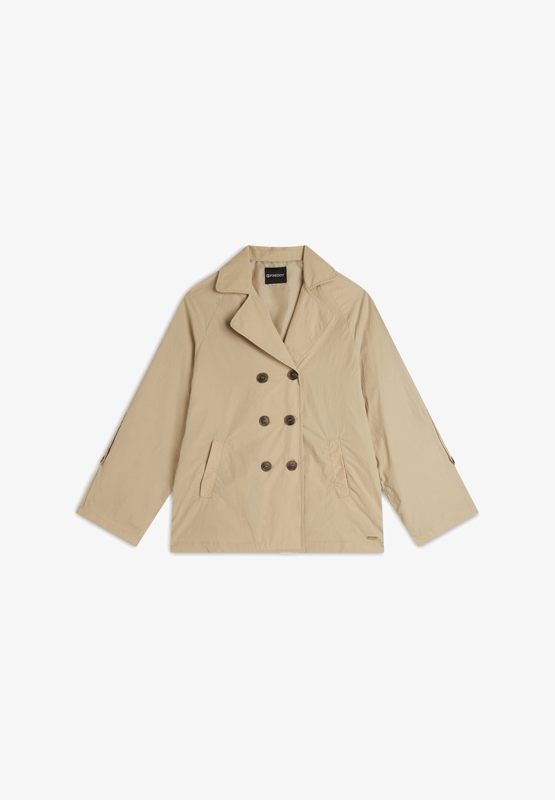 Giacca beige doppiopetto realizzata in materiale leggero, con colletto a revers, due tasche frontali e bottoni marroni accentati.