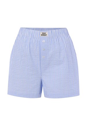 Shorts à rayures verticales bleu clair et blanc avec taille élastique, trois boutons blancs à l'avant et une étiquette "Dear Monday" au centre avant.
