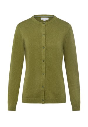 Groene gebreide cardigan met lange mouwen, ronde hals en zes knopen. Ribgebreide boorden en onderkant zorgen voor textuur.