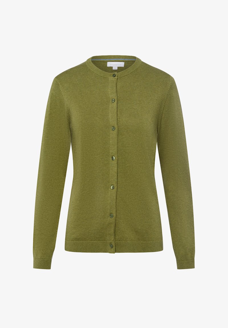 Groene gebreide cardigan met lange mouwen, ronde hals en zes knopen. Ribgebreide boorden en onderkant zorgen voor textuur.