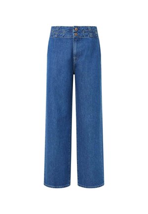 Denim široke hlače v srednjem modrem odtenku, z dvema sprednjima gumboma, visokim pasom in ravnim krojem. Gladek material z minimalnim šivanjem.