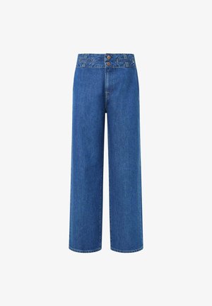 Keskmiselt sinised laiad denimipüksid, millel on kaks esimest nuppu, kõrge vöökoht ja sirge lõige. Sile kangas, minimaalsete õmblustega.