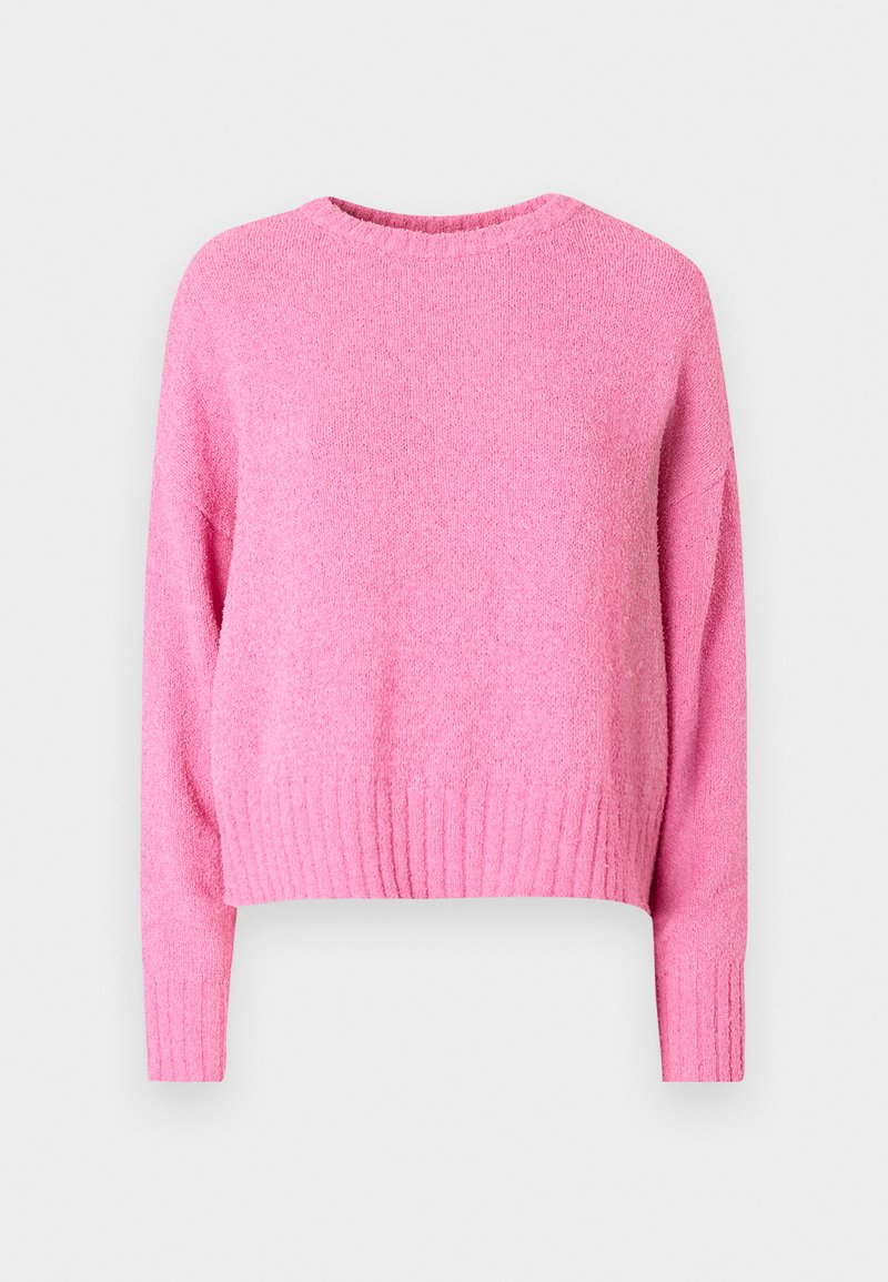 Rosa, gestrickter Pullover mit Rundhalsausschnitt, geripptem Saum und langen Ärmeln. Der Stoff hat ein weiches, strukturiertes Aussehen.
